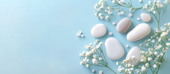 White smooth stones and delicate white flowers arranged on a serene blue background create a calming spa setting ideal for relaxation and wellness.