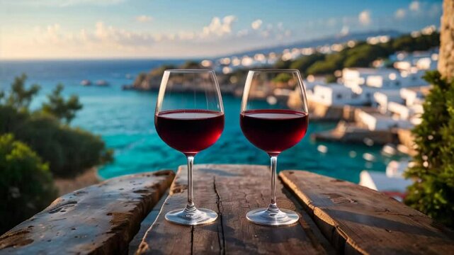 glass of red wine on table with stunning ibiza spain in background