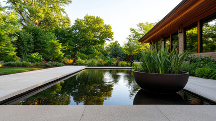 Sustainable gardening idea. Serene reflection of nature in a modern garden with a tranquil water feature.