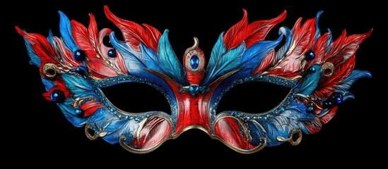 Naklejka premium Elaborate Mardi Gras Venetian mask in vibrant red and blue with intricate feather details set against a black background showcasing festive artistic flair