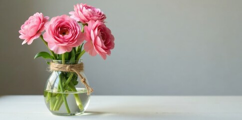 Fototapeta premium Delicate pink ranunculus stems wrapped in brown twine, spring, natural, vase