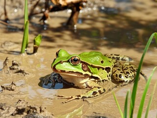 Obraz premium Green frog close-up in muddy water of a pond on a sunny day