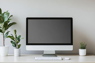Fototapeta premium White computer monitor on a minimalist desk with plants and a sleek keyboard in a contemporary workspace