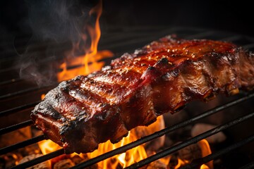 Pork and beef ribs are grilled over an open flame, creating a delicious smoky aroma. The meat caramelizes, resulting in tender, flavorful ribs perfect for any outdoor gathering.