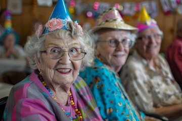 Senior women wearing party hats smiling and enjoying birthday celebration at nursing home