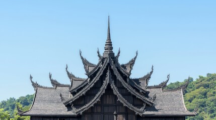 Fototapeta premium Exquisite Tiered Roof Ratha with Spire in Thai Architectural Style - Cinematic Ultra-Detailed Image