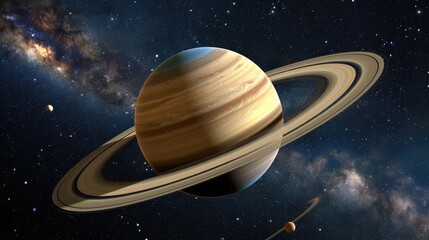 The planet Saturn with rings in outer space among the stardust. World Astronomy Day.