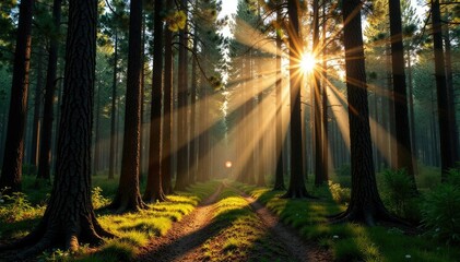 Obraz premium Dense forest of Parana Pine Trees with sunlight filtering through, parana pine tree, sunlight