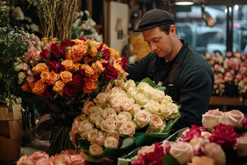 A florist working in a flower shop making bouquets of roses