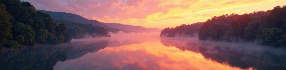 Fototapeta premium Early morning mist rising from the Allegheny River, allegheny river, landscape, sunrise