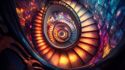 A glowing spiral staircase ascending into a kaleidoscope of visionary colors. (2)