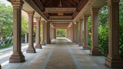 Obraz premium Serene Breezeway: Ornamental Pillars and Floral Swirl Patterns in Ultra-Detailed Thai Architecture
