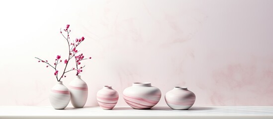Stylish pink ceramic vases with decorative branches on a white marble table against a soft pink wall creating an elegant aesthetic with ample copy space