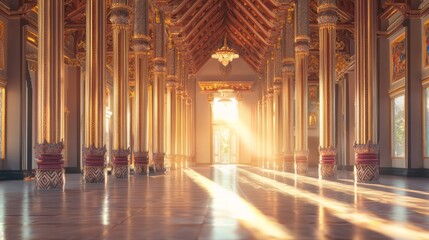 Obraz premium Majestic Thai Prayer Hall Interior with Sunlight and Columns | Serene Meditation Space with Ornate Crossbeams