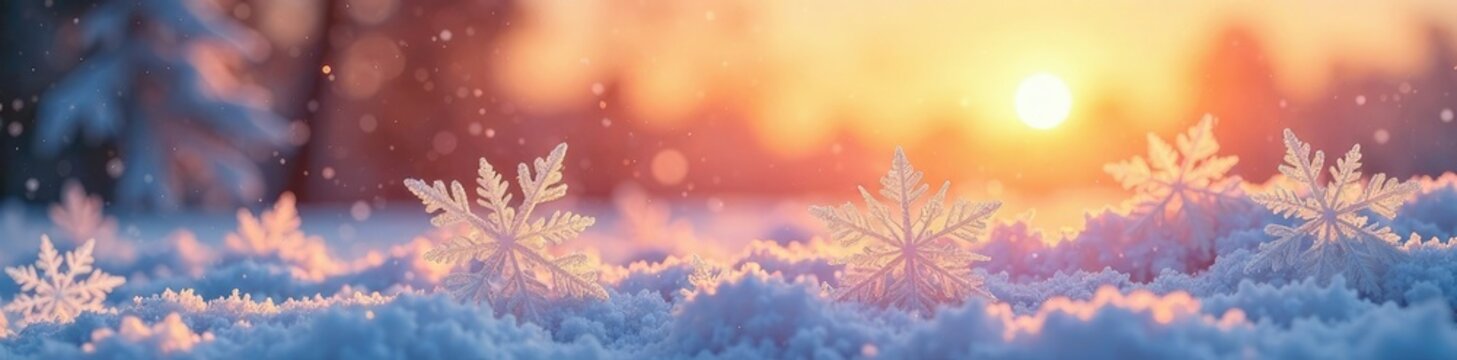 Frosty landscape with large snowflakes against orange sky, serenity, winter, serene