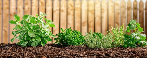 Gardening landscaping idea. Fresh herbs growing in rich soil with a wooden fence in the background.