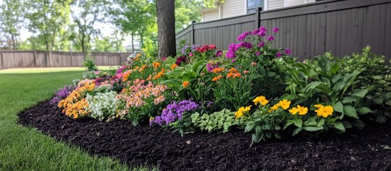 Colorful flowerbed in a peaceful garden during spring featuring vibrant pink, yellow, orange, and purple flowers against dark soil backdrop.
