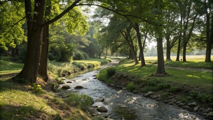 Obraz premium Gentle stream flows through a shaded glade, leafy canopy, tree bark, shaded glade, dappled light, greenery