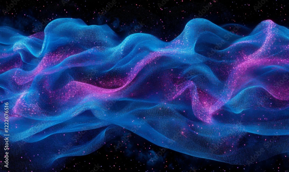 Poster digital wave of luminous particles in neon blue and pink, representing data flow, communication netw