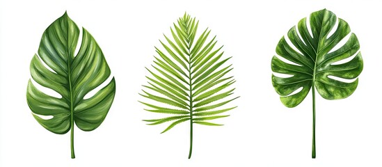 Vibrant green tropical fern leaves showcase intricate textures and shapes against a clean white background, ideal for nature and wellness themes.