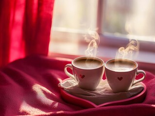 Two cups of steaming coffee on a heart-shaped tray, cozy morning vibes with sunlight filtering through a red curtain