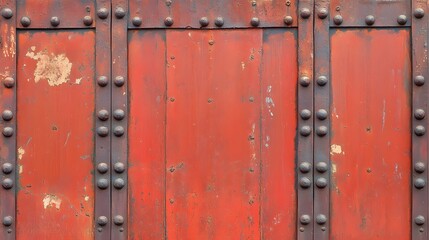 Fototapeta premium Rustic Red Metal Door with Rivets Industrial Background Texture