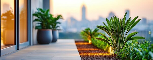 Fototapeta premium Vertical farming gardening concept. A serene urban terrace with lush greenery and soft evening lighting, showcasing nature's beauty.