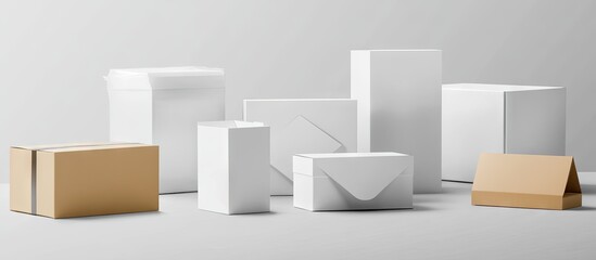 Versatile packaging materials in various shapes and sizes featuring white and brown cardboard boxes on a light gray background for product packaging solutions