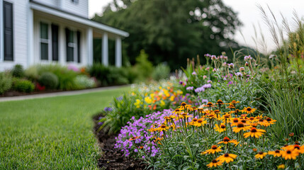 Sustainable gardening idea. Vibrant flower garden featuring colorful blooms in a tranquil home setting.
