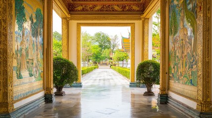 Fototapeta premium Mystical Thai Palace: Intricate Murals and Manicured Gardens Transport to Local Folklore