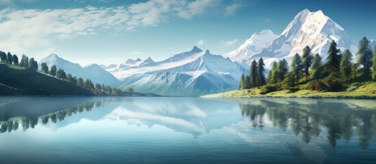 Serene mountain lake scenery with clear sky reflections while majestic snow-capped peaks rise above lush green trees along the tranquil water's edge.