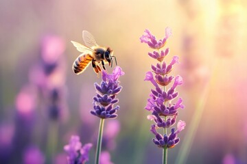 Honeybee hovering over lavender flowers in a serene garden capturing nature's beauty and pollination process soft focus vibrant colors