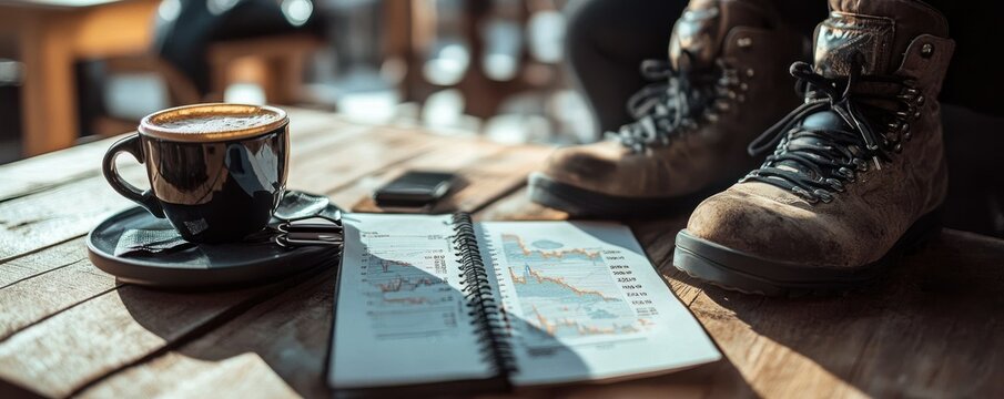 Coffee break with financial planning and hiking boots in an outdoor setting