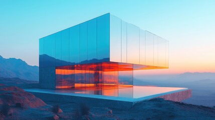 Fototapeta premium A modern glass structure stands prominently on a reflective surface,