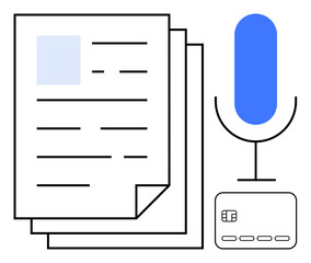 Document stack, microphone, and card emphasizing communication, finance, and data management. Ideal for business, finance, communication media technology education information sharing. Line
