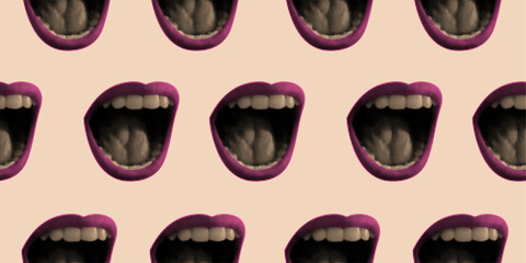Seamless pattern in pop art style. Halftone collage open pink lips with scream. Screaming female mouth print background for textiles, wallpapers, wrapping paper, fabric.