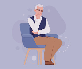 Senior man in classic vest, retro vintage glasses relax pose. University professor, lecturer, old experienced, grey hair, older grandfather. Vector flat style cartoon illustration, creative background