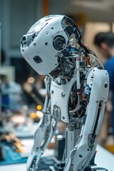 Fototapeta premium A close-up of engineers testing a robotic prototype in a workshop