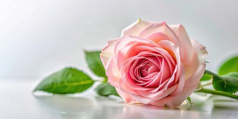 Fototapeta premium A delicate pink rose flower blooms on a crisp white background, showcasing its intricate details and soft petals , elegance