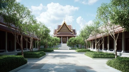Fototapeta premium Majestic Thai Architecture: Multi-Tier Gazebos Leading to Central Hall in Orchard Landscape