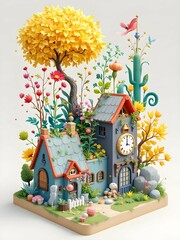 Fototapeta premium A whimsical 3D illustration of a tiny village nestled amongst vibrant flowers, a towering tree, and a clock tower, creating a charming and imaginative scene