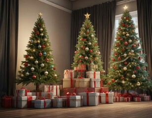 Gift boxes stacked around a tall Christmas tree, gift boxes, gift wrapping