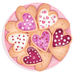 Heart Shape Shortbread Cookies with Jam & Cream Icing and Colorful Sprinkles Topping. Valentine's Day Treats Plate Top View