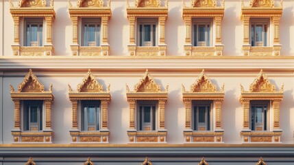 Obraz premium Majestic Thai Temple Facade with Arrowhead Windows Glinting in Morning Light - Cinematic Ultra-Detailed Architecture Image