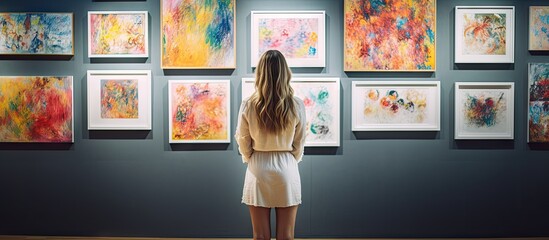 Young woman in white dress stands before colorful abstract paintings in modern art gallery creating a vibrant atmosphere of artistic exploration.