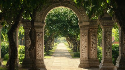 Fototapeta premium Tranquil Pathway Through Symmetrical Lotus Archways in Ultra-Detailed Thai Architecture with Soft Focus Orchard Background Cinematic Image