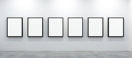 Art gallery interior featuring six empty picture frames on a white wall, with gray flooring and soft lighting accentuating the minimalist space.