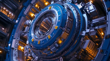 The Large Hadron Collider with Blue and Silver Tubes, Yellow Signs, and Glowing Yellow Lights in the Background, Symbolizing Advanced Particle Physics and Cutting-Edge Technology.