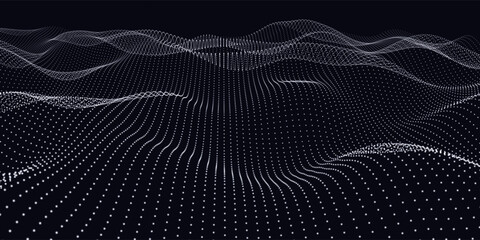 Points in lines wavy on noise surface. Abstract dots on dark background. Technology cyberspace concept.