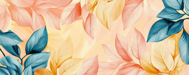 Colorful leaves pattern with blue, peach, and yellow tones on light background